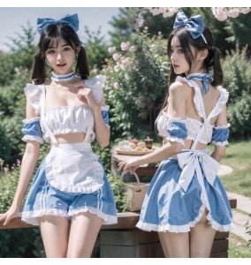 FEE ET MOI - Ruched Sweetheart Maid Outfit With Stockings (Blue - White)